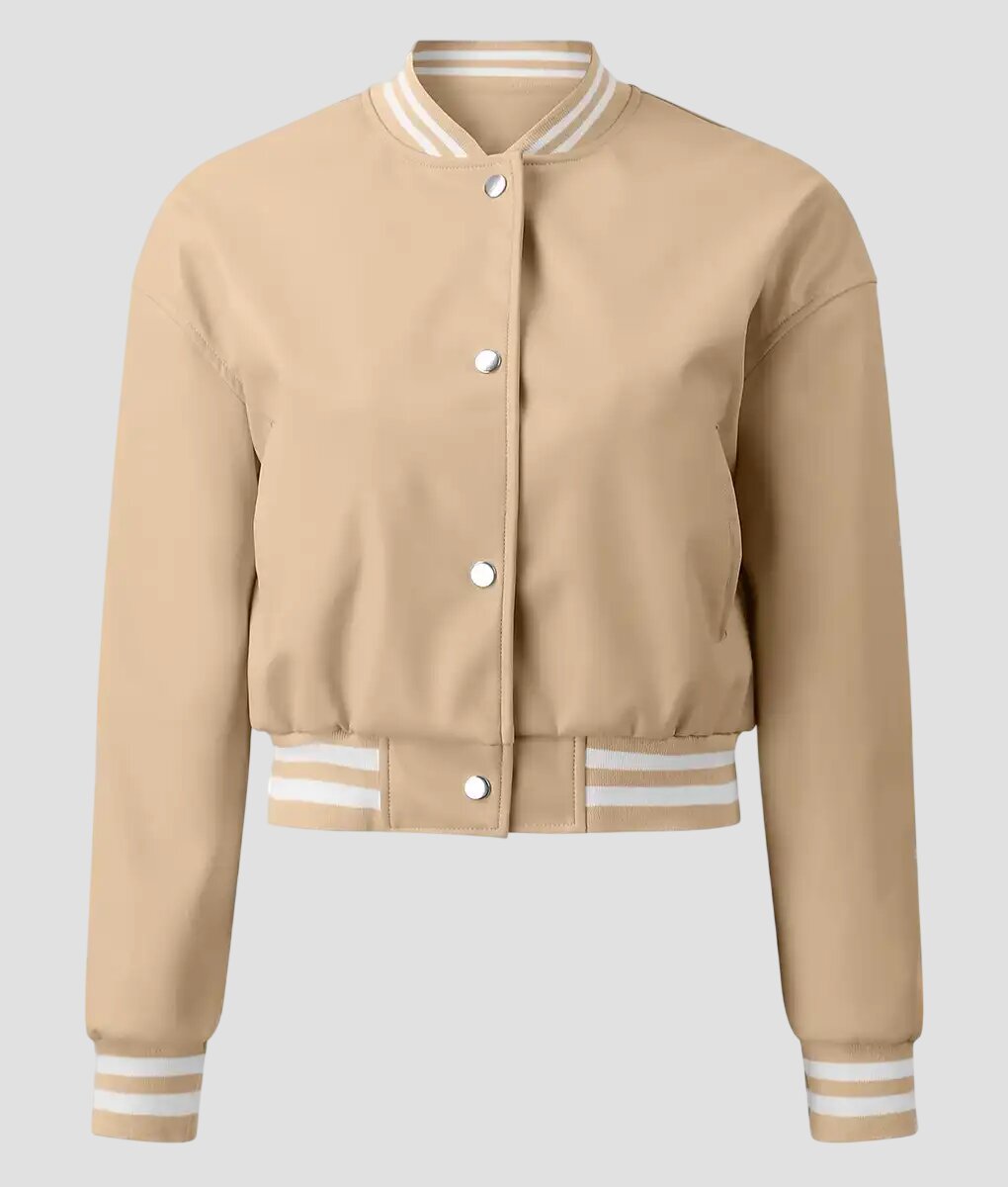 Women Beige Leather Varsity Jacket