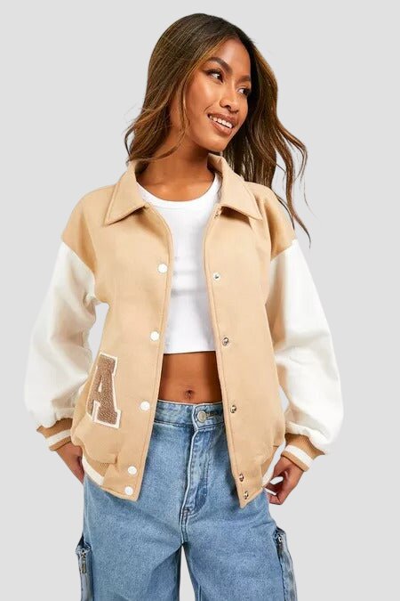 Women Beige and White Varsity Jacket