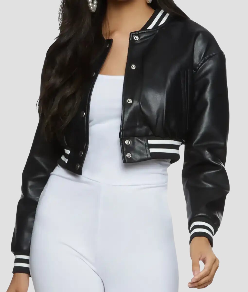 Women Black Cropped Leather Varsity Jacket