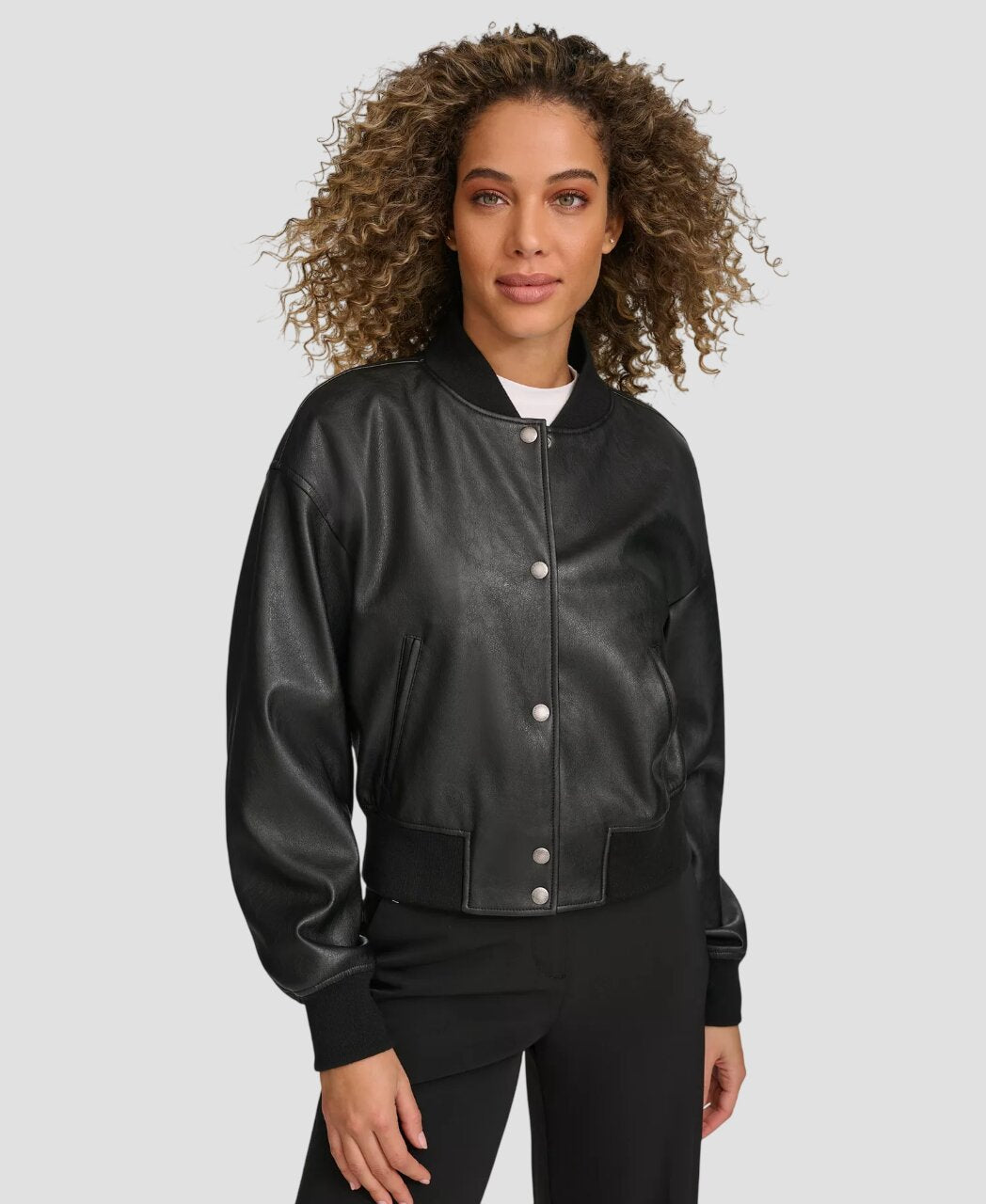 Women Black Leather Varsity Bomber Jacket