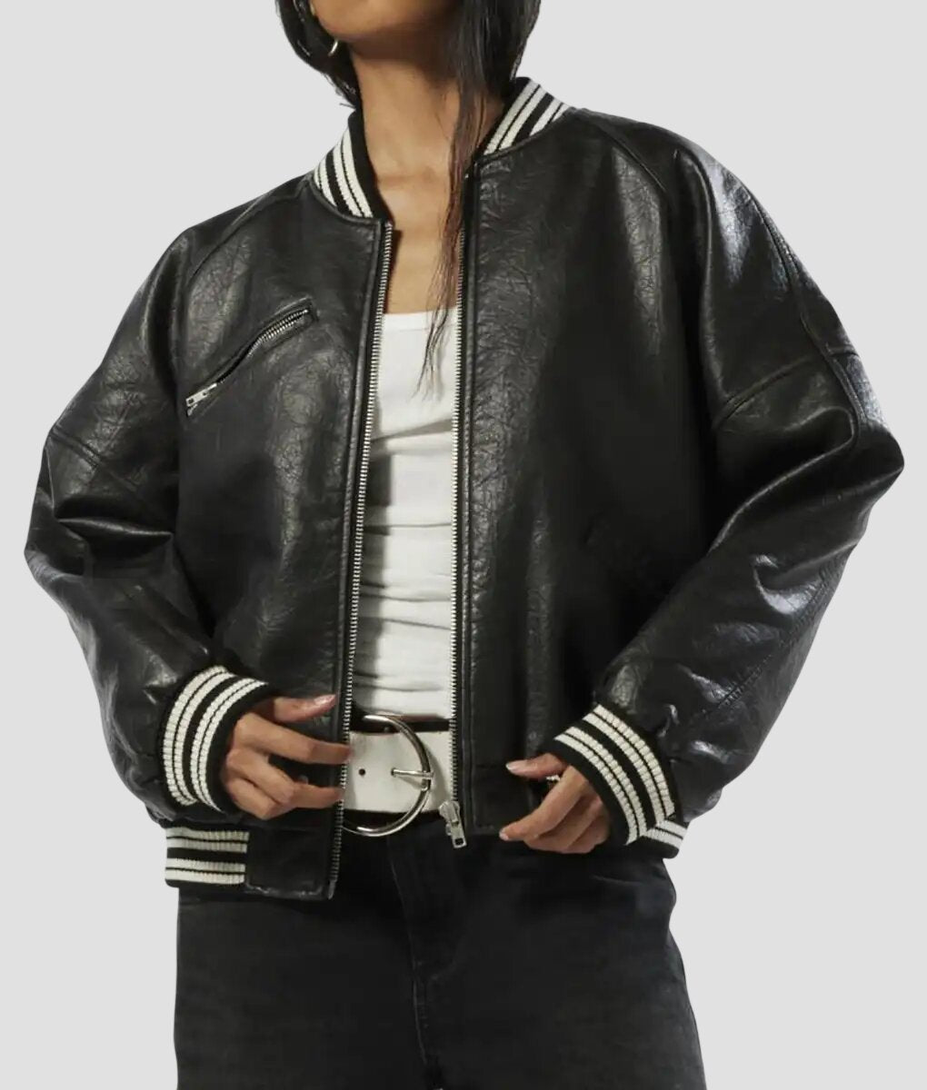 Women Black Oversized Leather Varsity Jacket