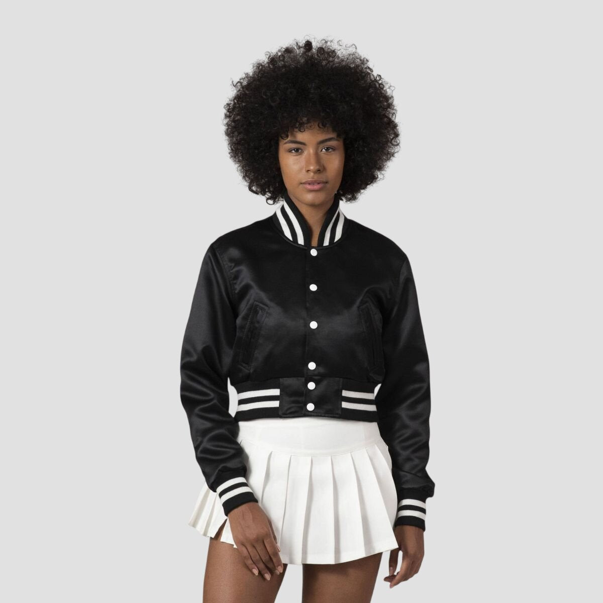 Women Black Satin Cropped Varsity Jacket