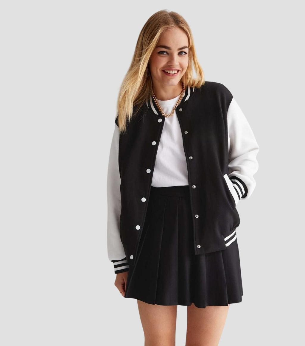 Women Black Varsity Jacket with White Leather Sleeves