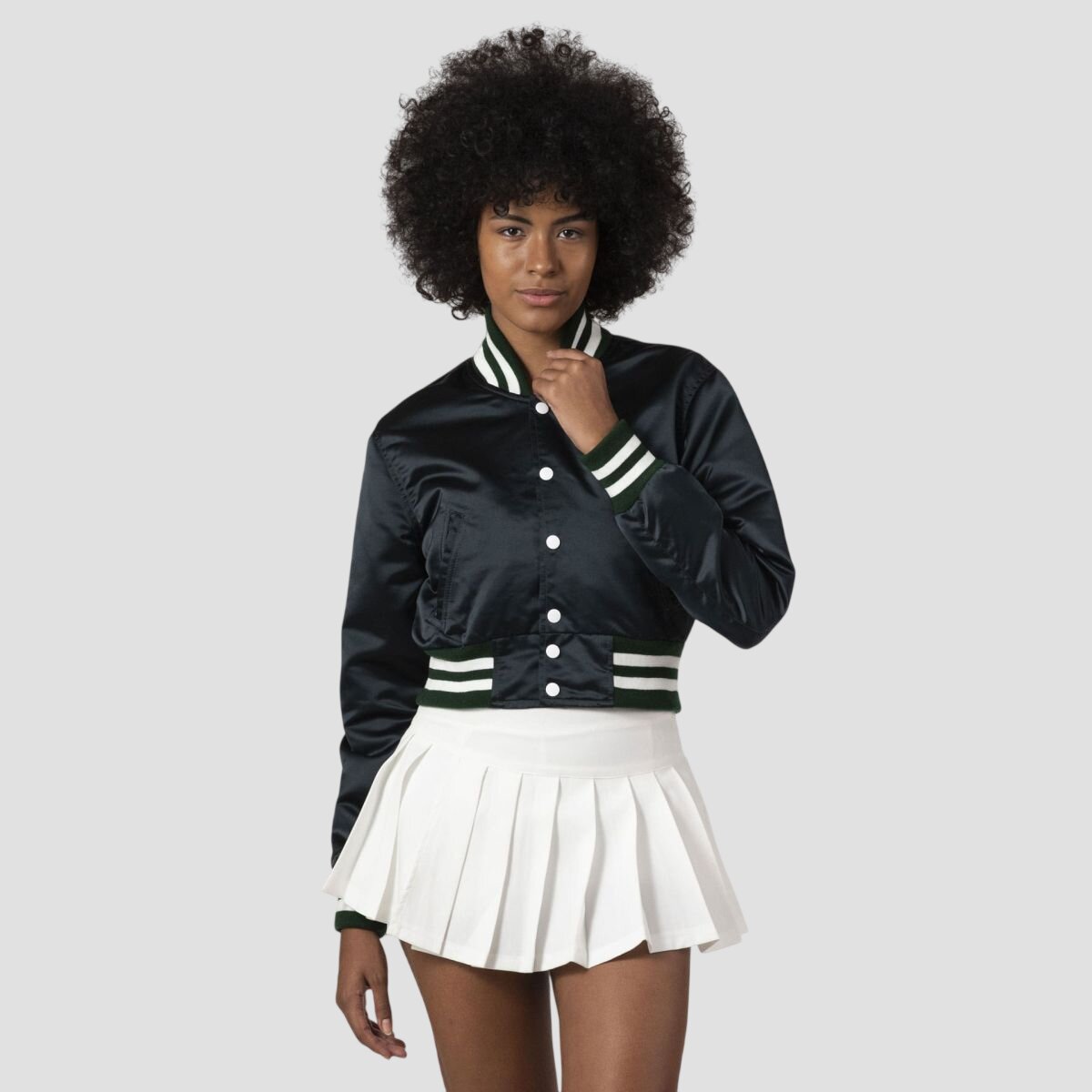 Women Black and Green Satin Crop Top Varsity Jacket