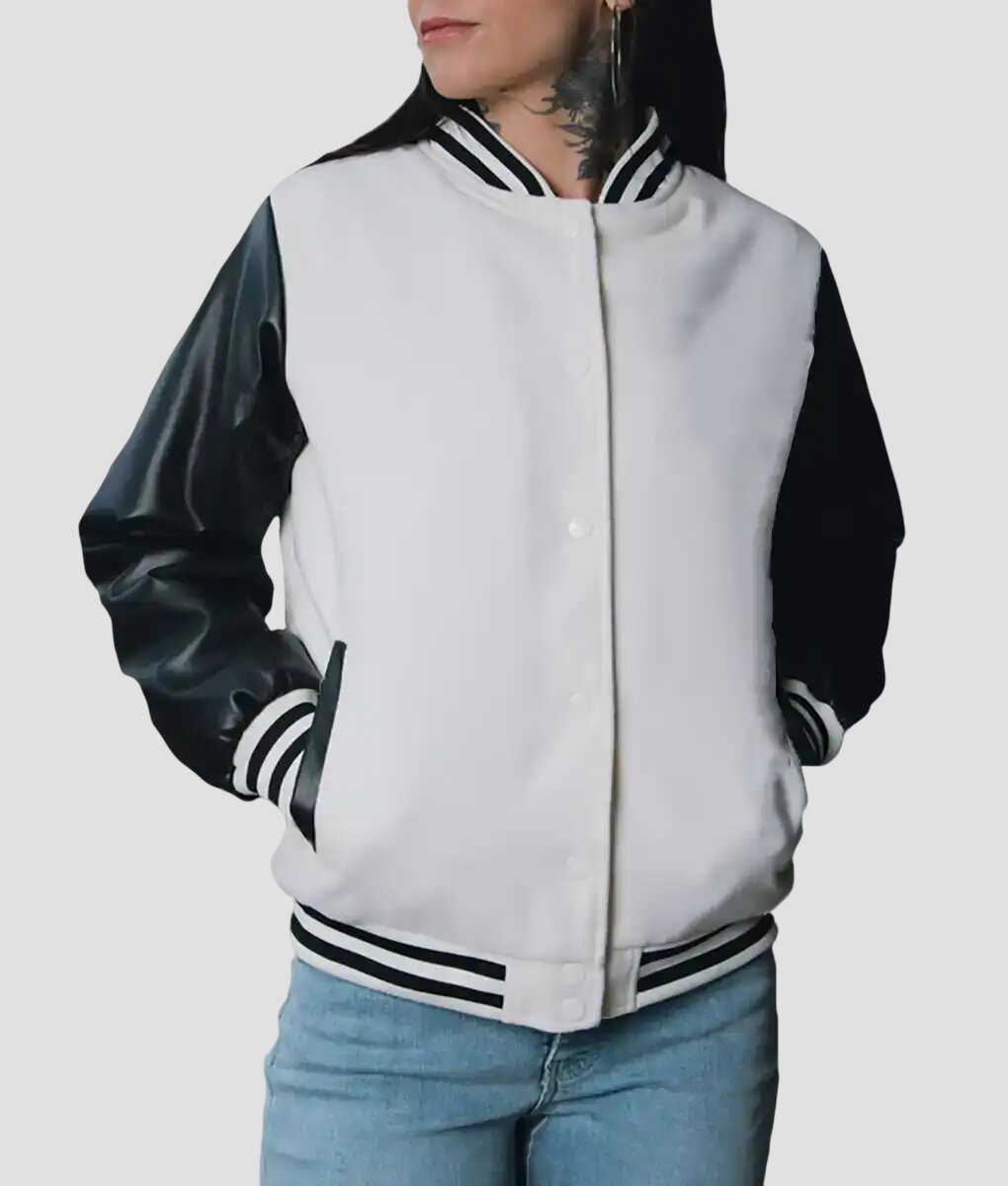 Women Black and White Leather Varsity Jacket