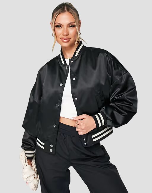 Women Classic Black Satin Varsity Jacket