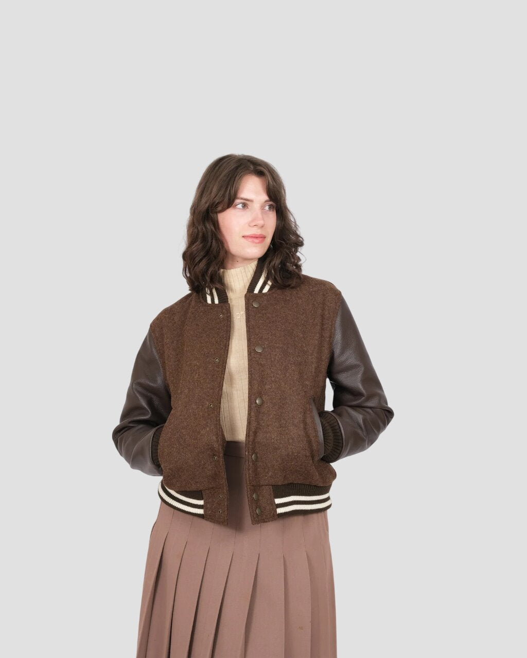 Women Classic Dark Brown Hybrid Varsity Jacket