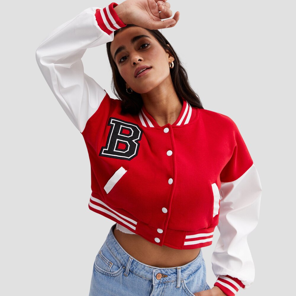 Women Classic Red and White Cropped Varsity Jacket