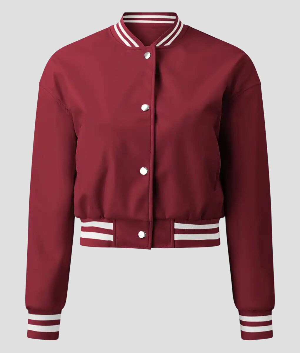 Women Cropped Burgundy Leather Varsity Jacket