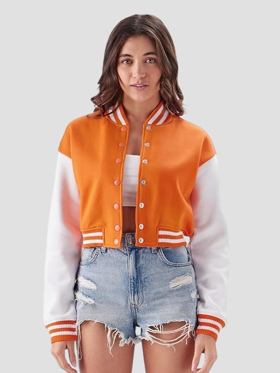 Women Cropped Orange Varsity Jacket with White Leather Sleeves