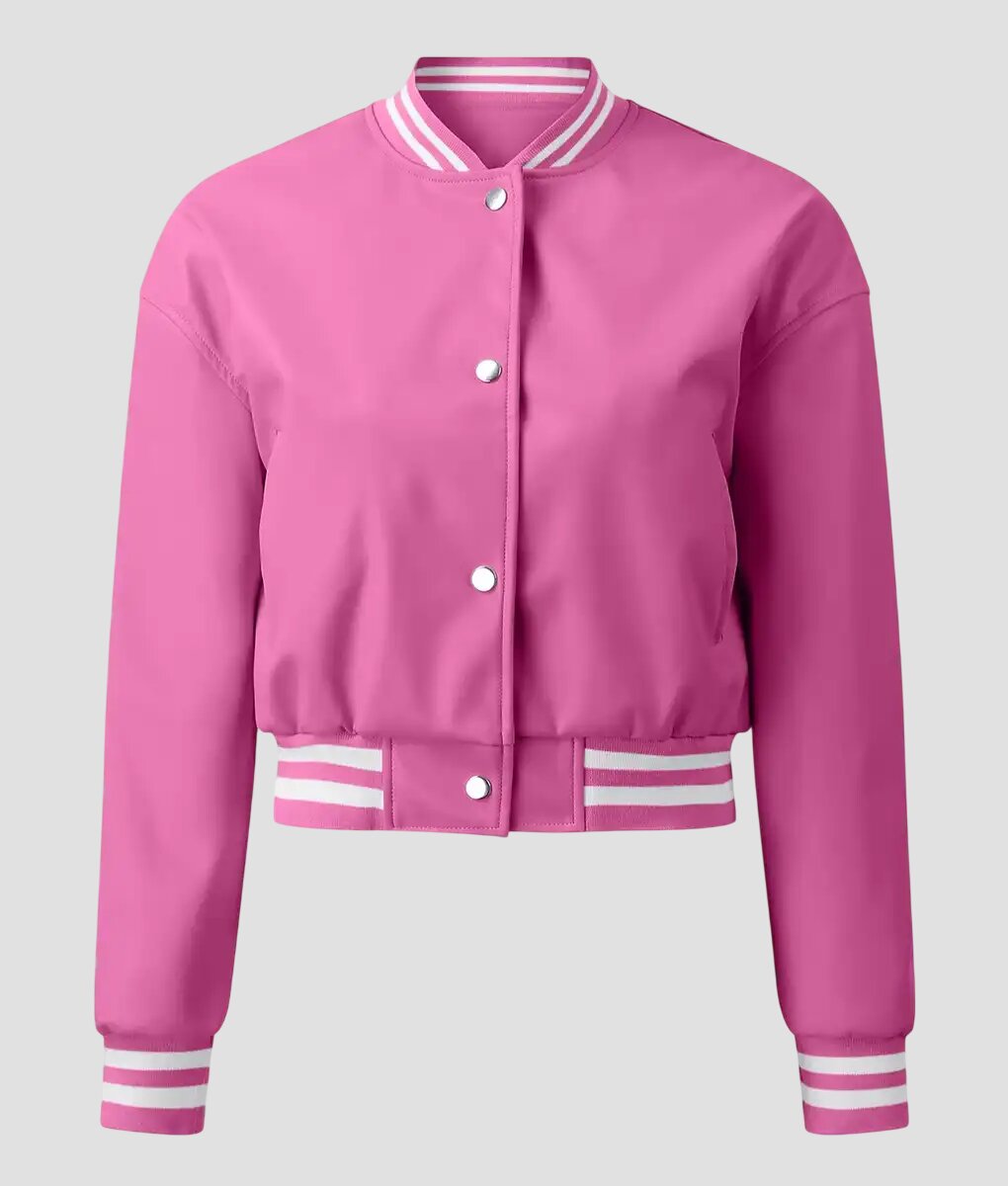 Women Cropped Pink Leather Varsity Jacket