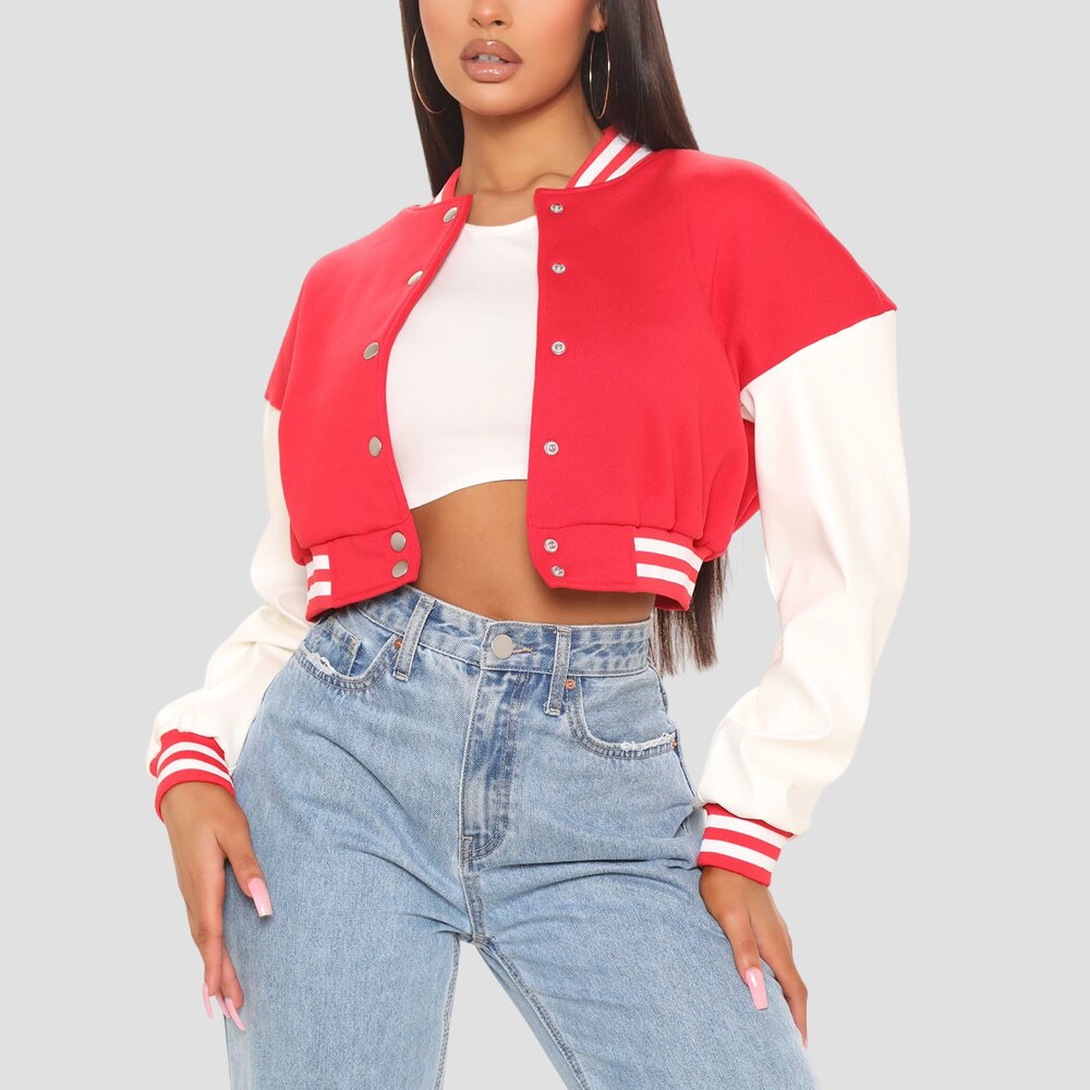 Women Cropped Pink and White Varsity Jacket