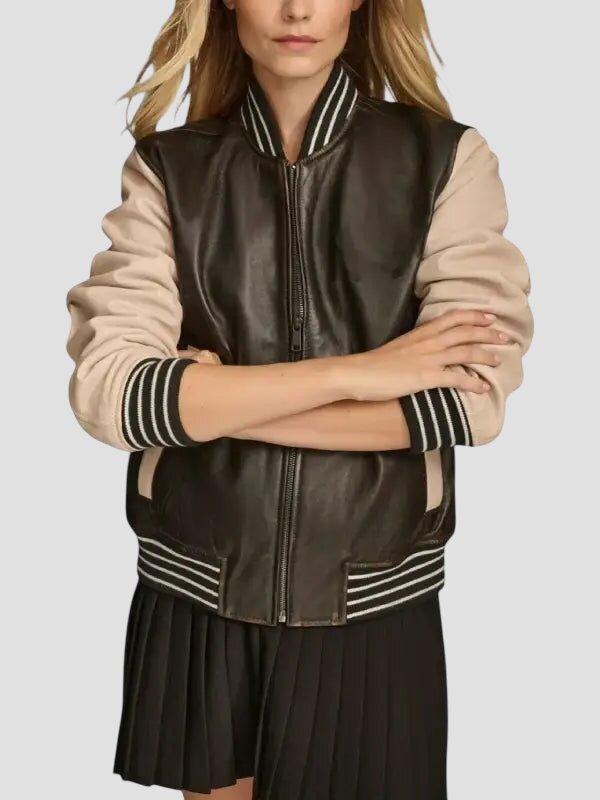 Women Dark Brown and Beige Leather Varsity Jacket