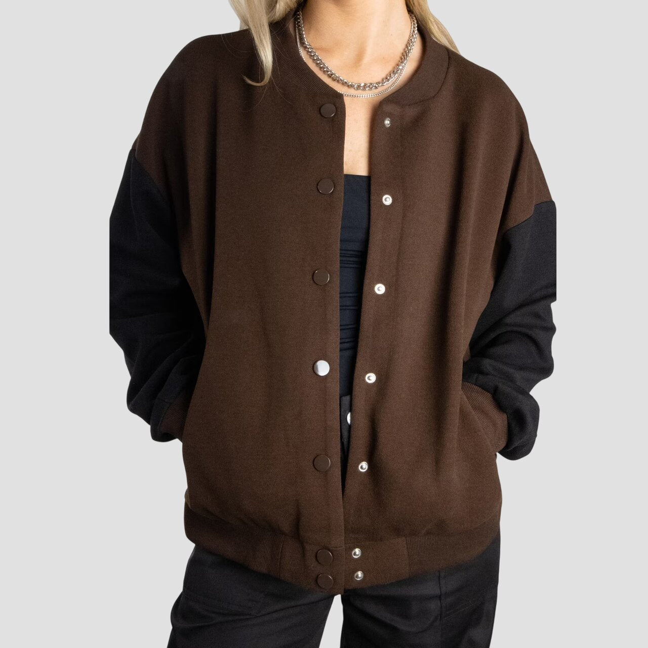 Women Dark Brown and Black Oversized Varsity Jacket