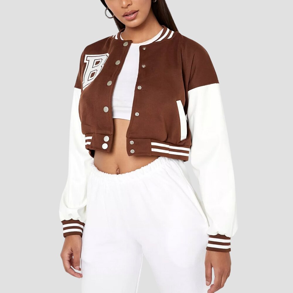 Women Dark Brown and White Cropped Varsity Jacket