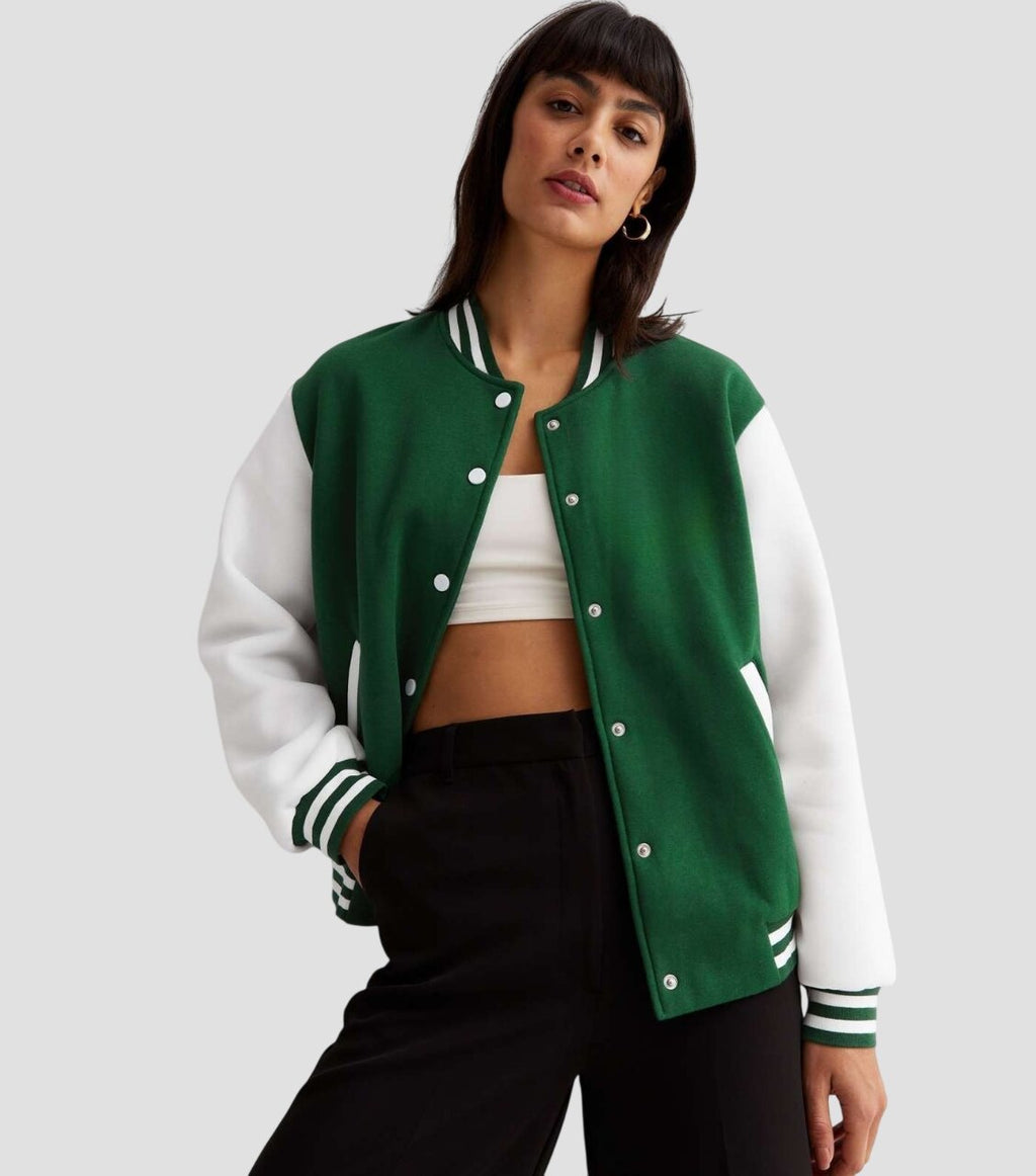 Women Dark Green and White Varsity Jacket