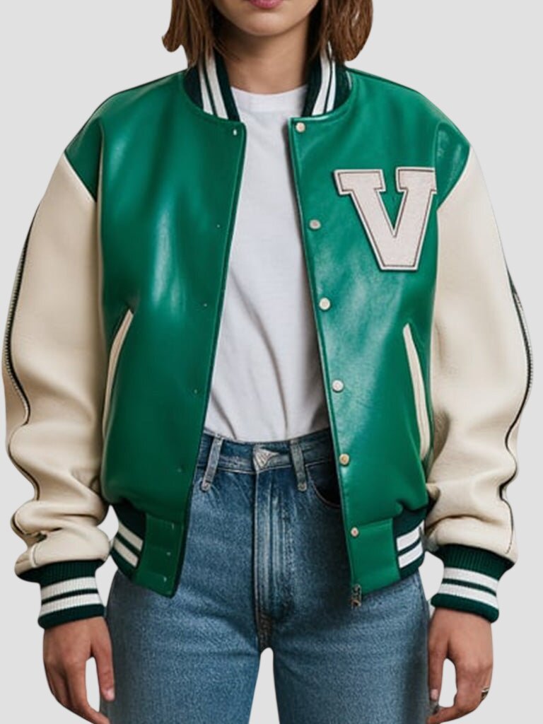 Women Green Leather Varsity Jacket with Cream Sleeves