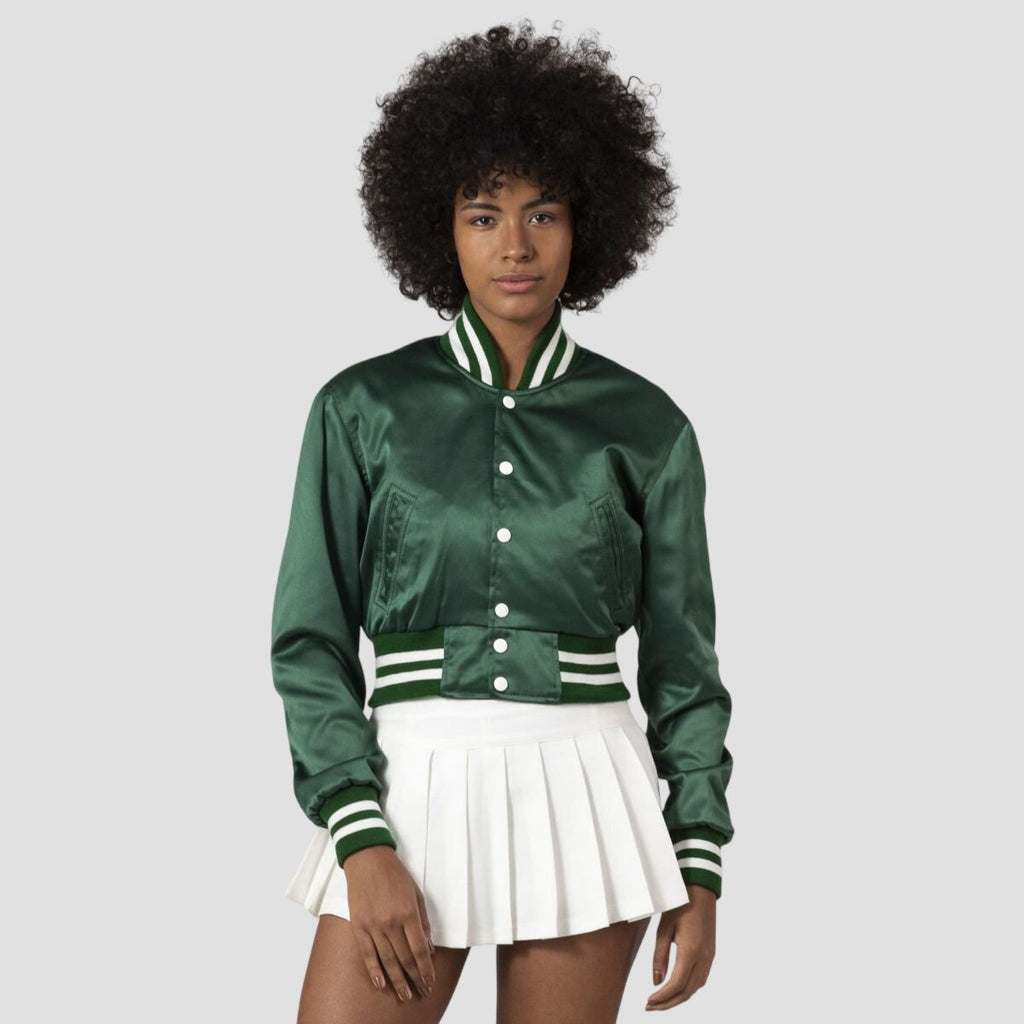 Women Green Satin Crop Top Varsity Jacket