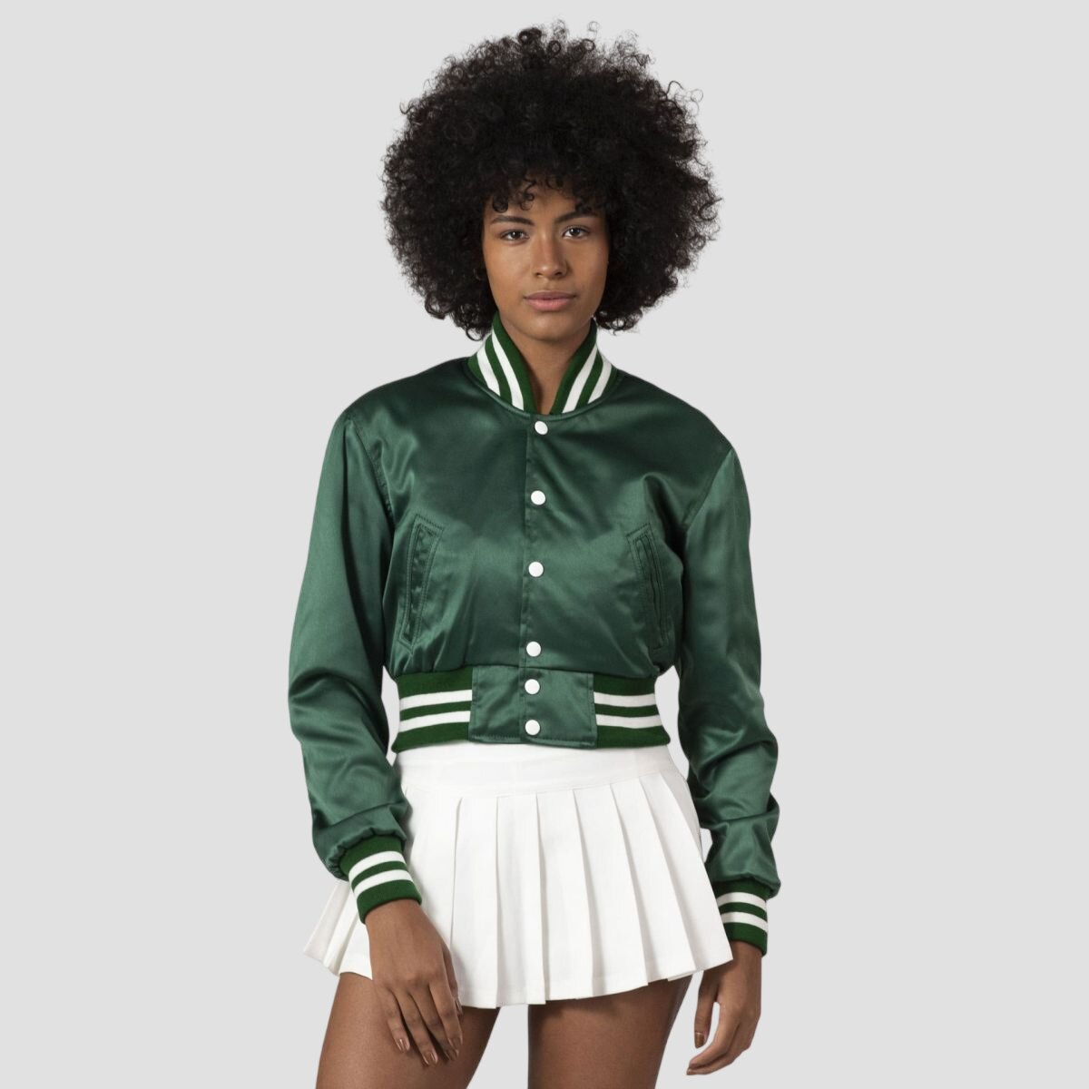 Women Green Satin Crop Top Varsity Jacket