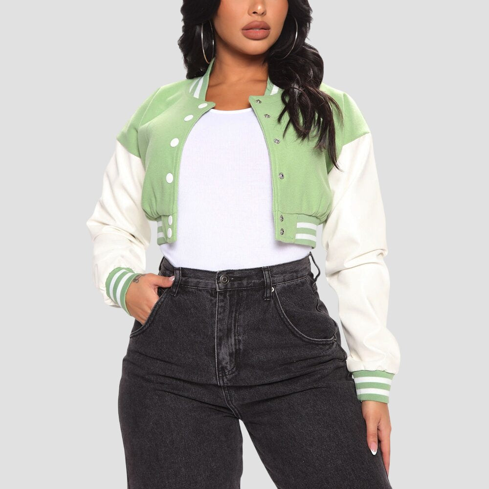 Women Light Green and White Cropped Varsity Jacket