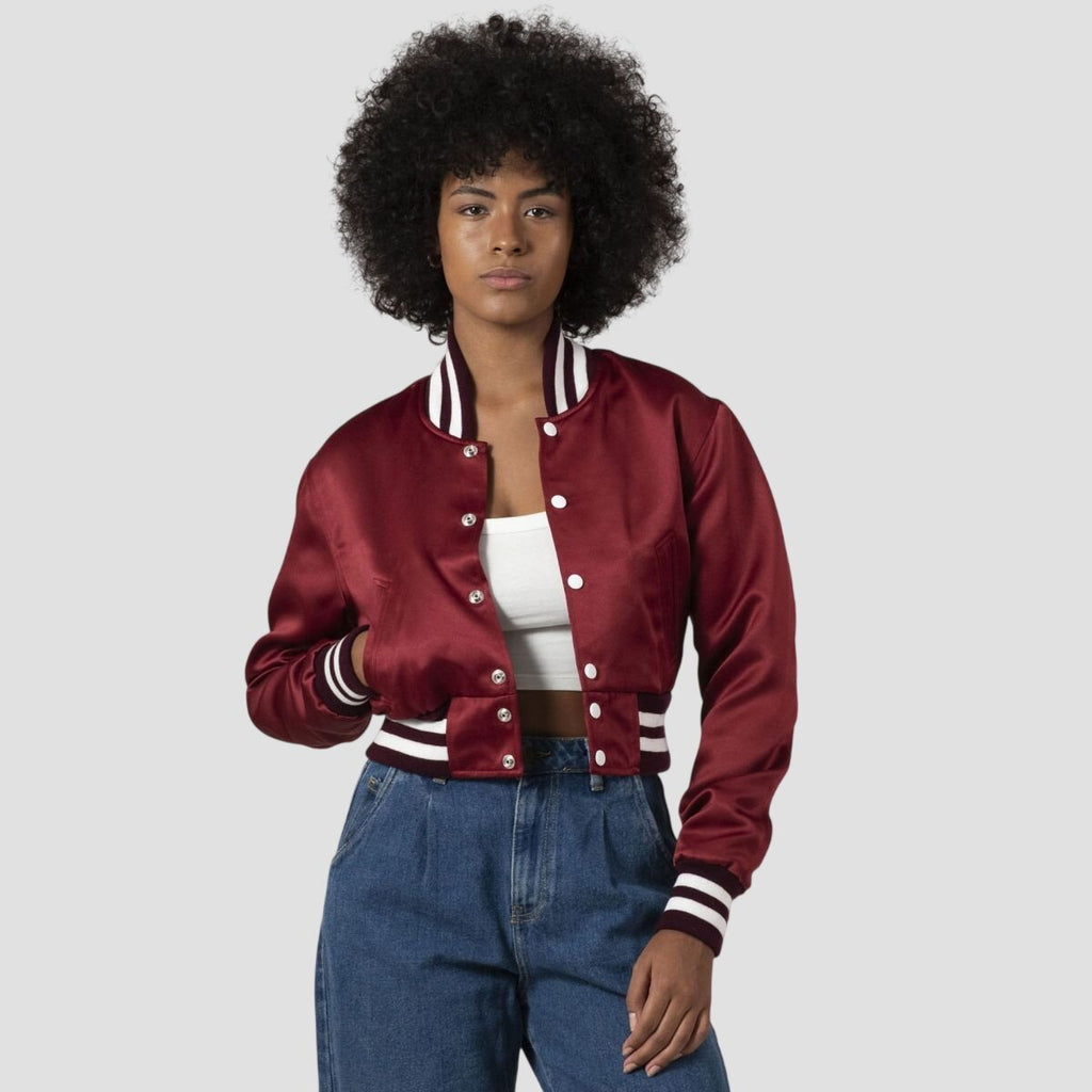 Women Maroon Satin Cropped Varsity Jacket