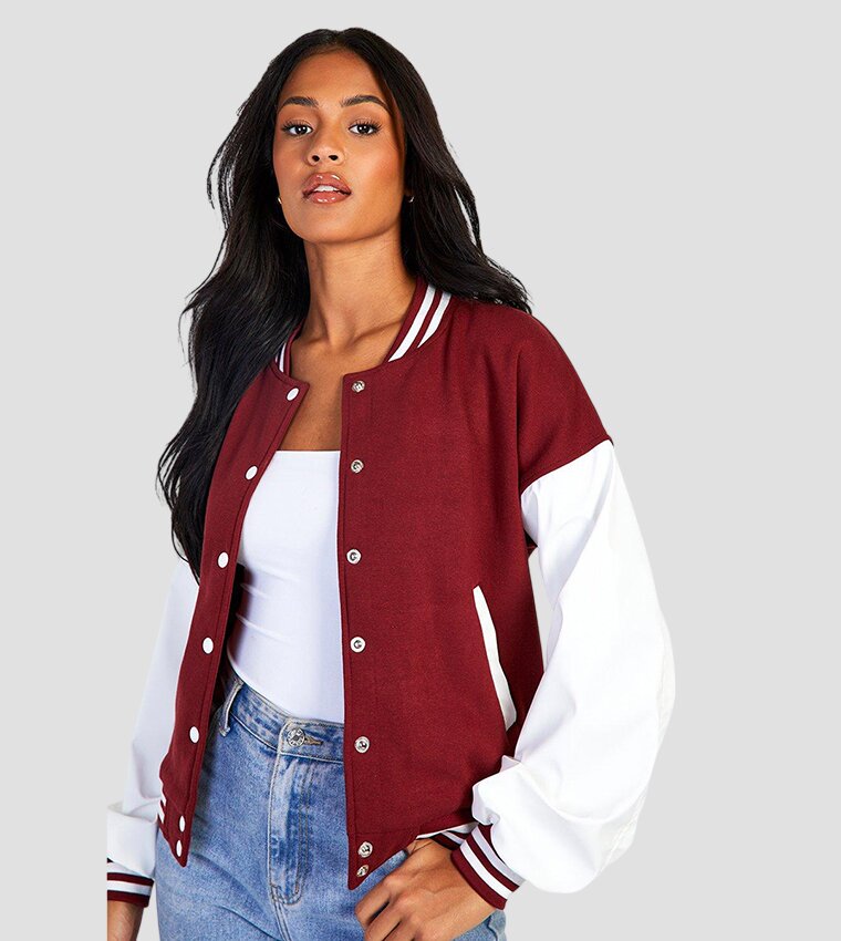 Women Maroon Varsity Jacket with White Leather Sleeves