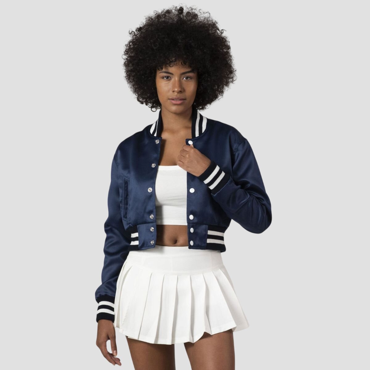 Women Navy Blue Satin Cropped Varsity Jacket