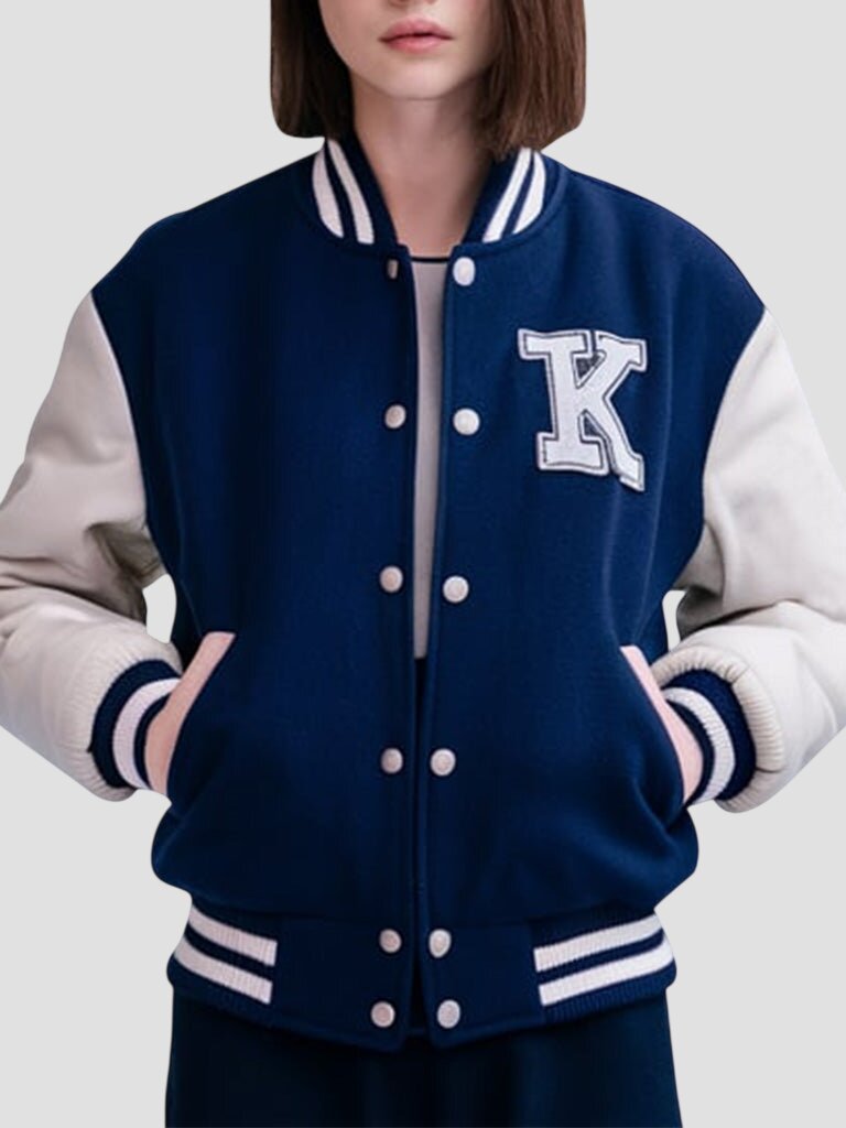 Women Navy Blue Varsity Jacket with White Sleeves