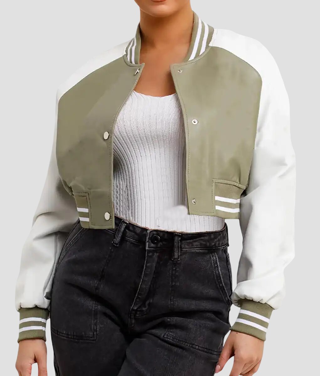 Women Olive Green and White Leather Varsity Jacket