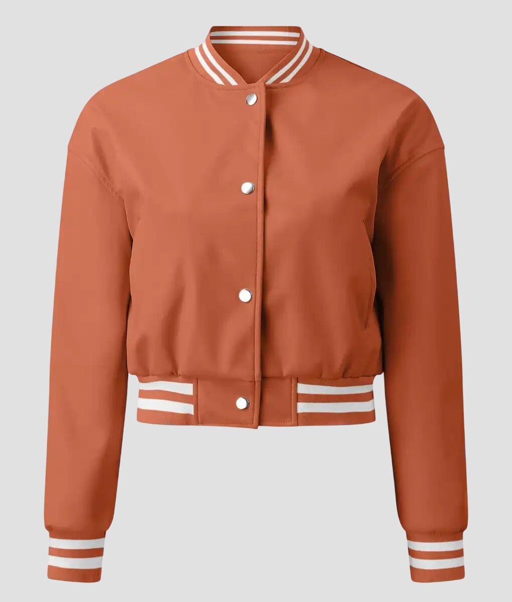 Women Orange Leather Varsity Jacket