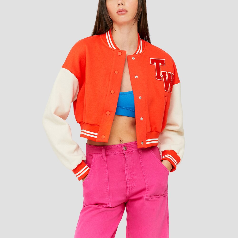 Women Orange and White Cropped Varsity Jacket