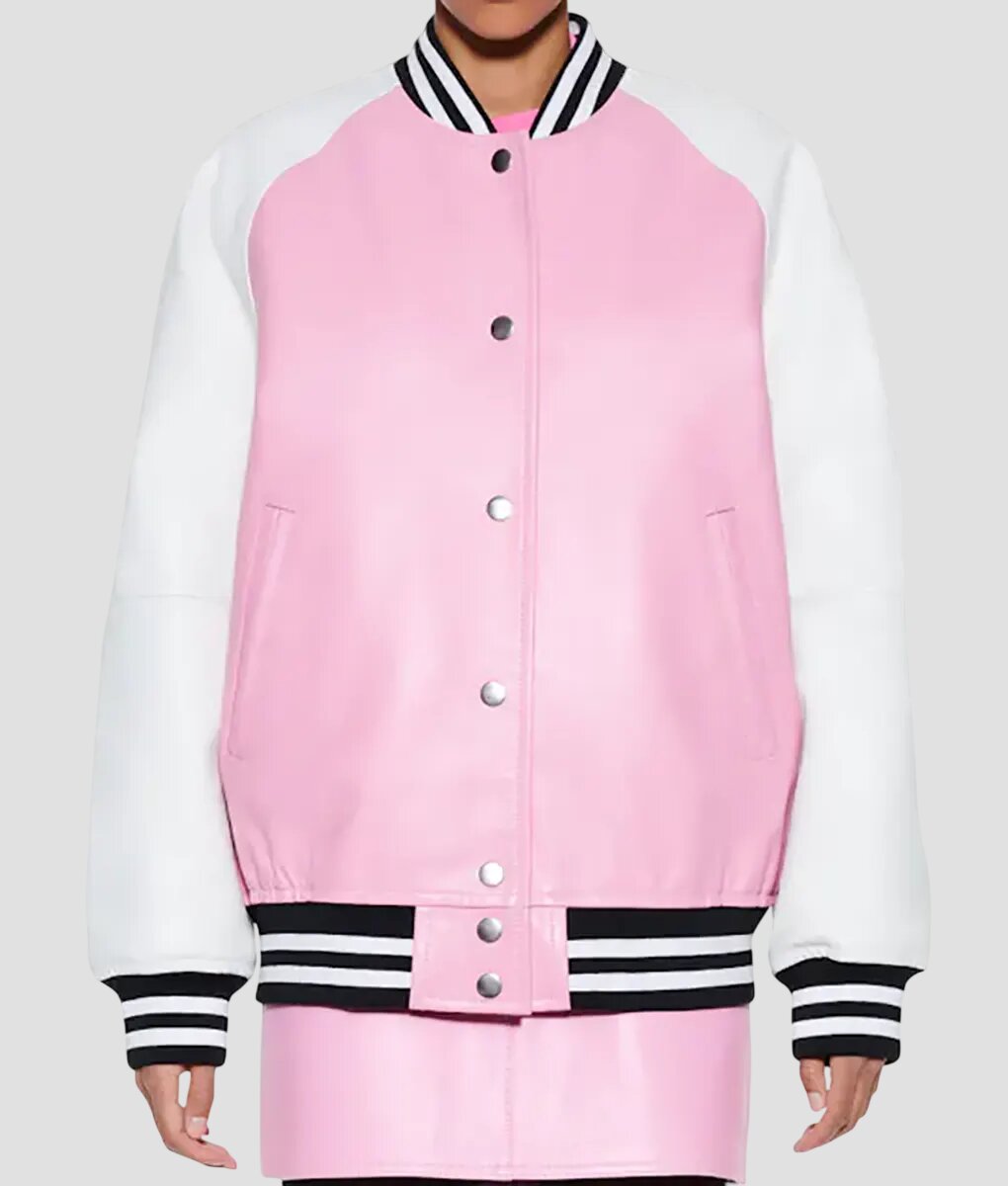 Women Oversized Pink and White Leather Varsity Jacket