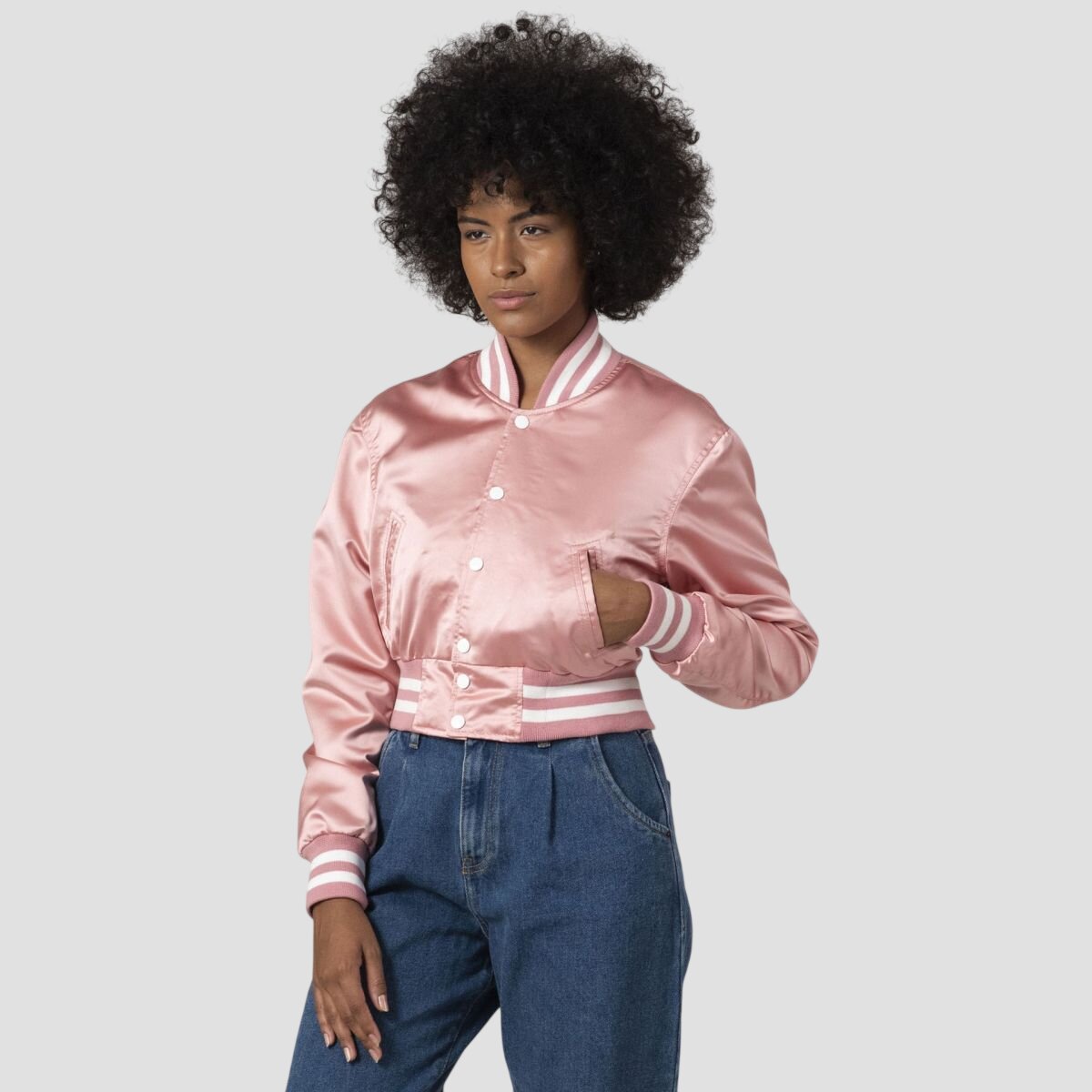 Women Pink Satin Cropped Varsity Jacket