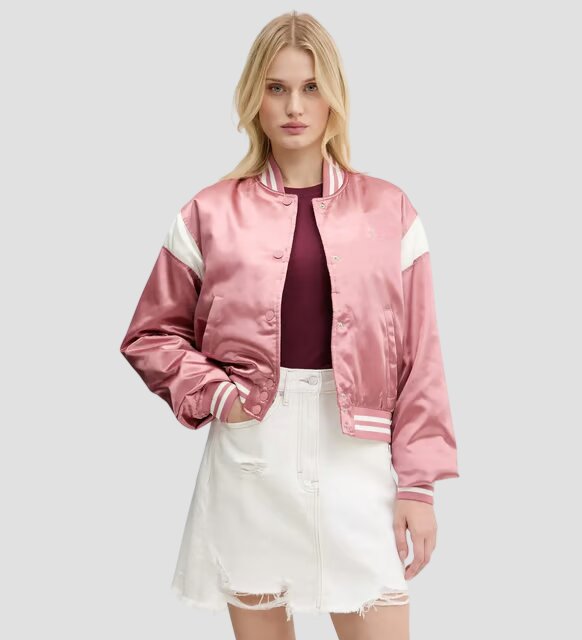 Women Pink and White Satin Varsity Jacket