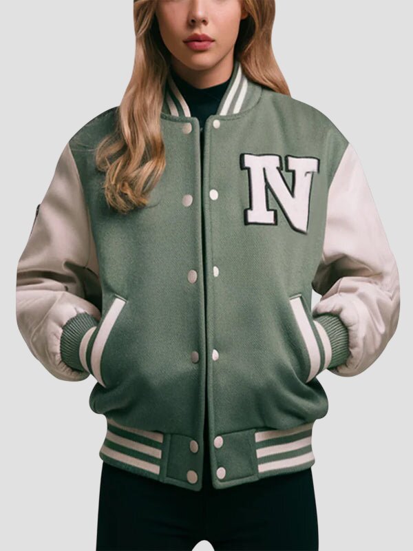 Women Premium Green and White Varsity Jacket