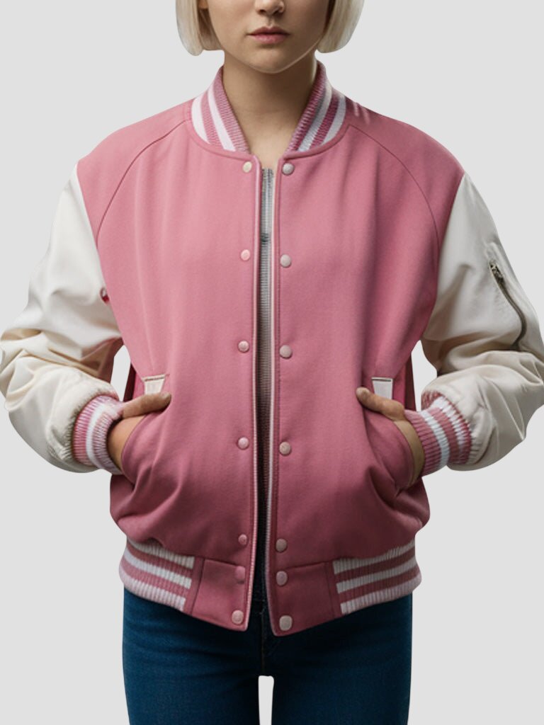Women Premium Pink and White Varsity Bomber Jacket