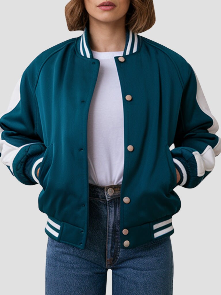 Women Premium Teal and White Varsity Jacket