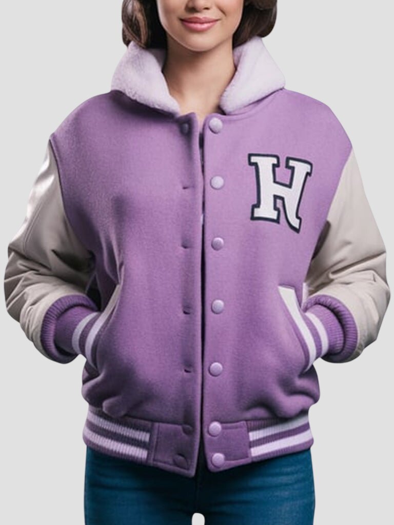 Women Purple Hooded Varsity Jacket with White Leather Sleeves