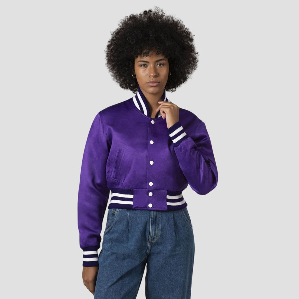 Women Purple Satin Cropped Varsity Jacket