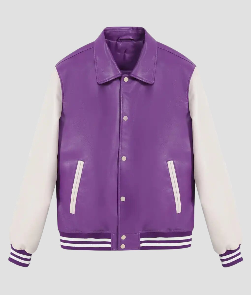 Women Purple and White Leather Varsity Jacket