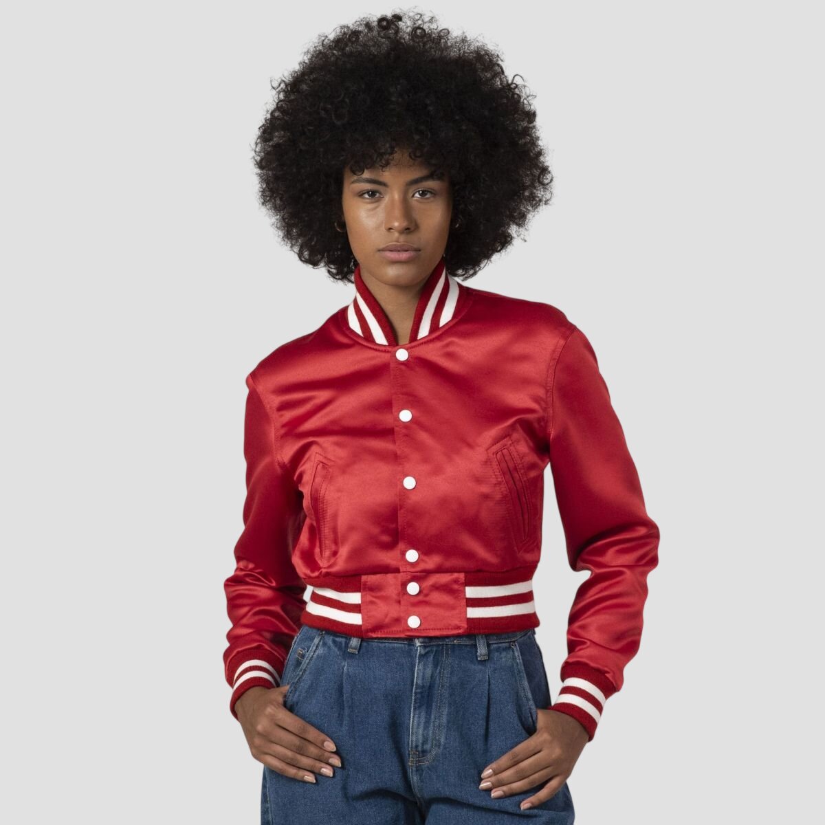 Women Red Satin Cropped Varsity Jacket