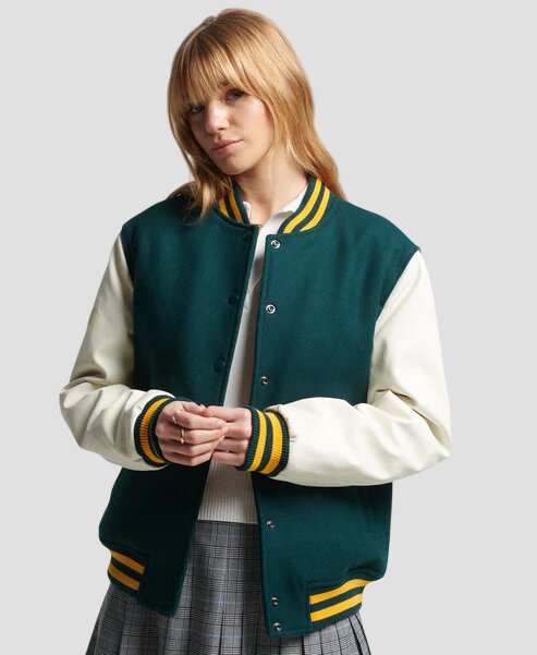 Women Sea Green and White Varsity Jacket