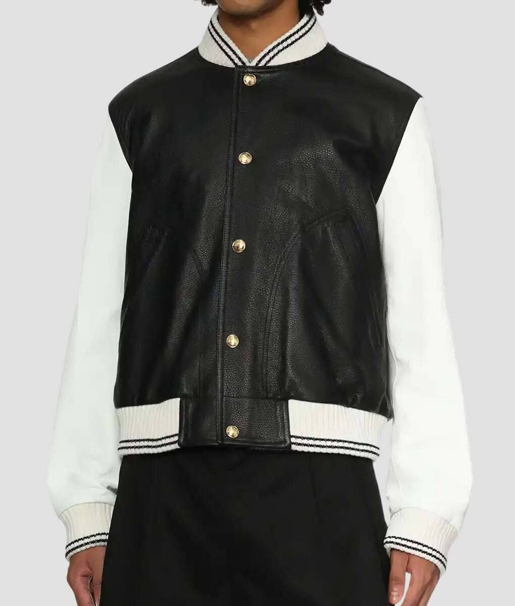 Women Stylish Black and White Leather Varsity Jacket