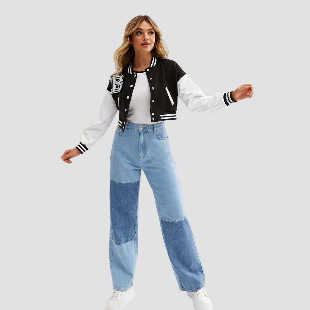 Women Timeless Black and White Cropped Varsity Jacket