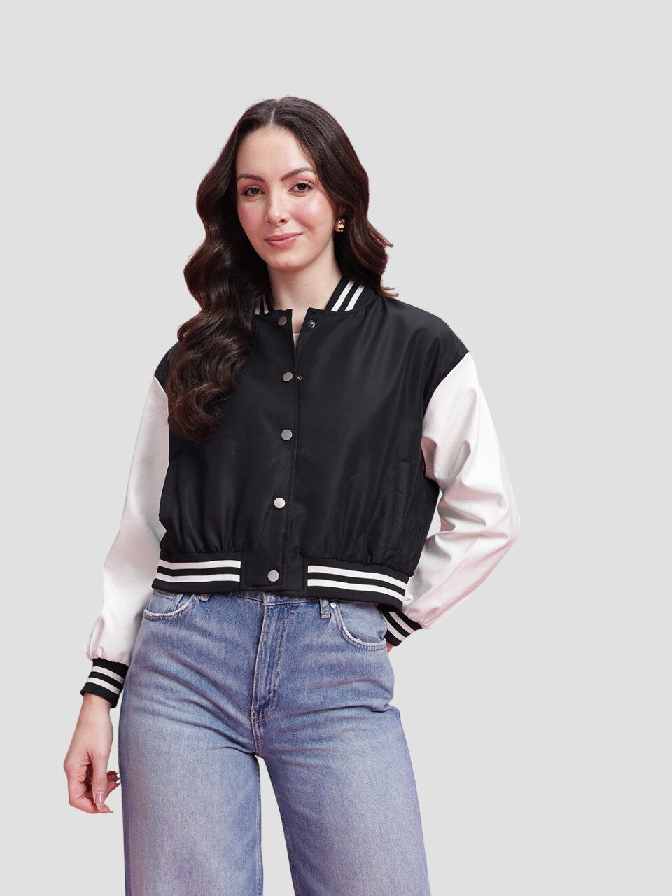 Women Trendy Black and White Cropped Varsity Jacket