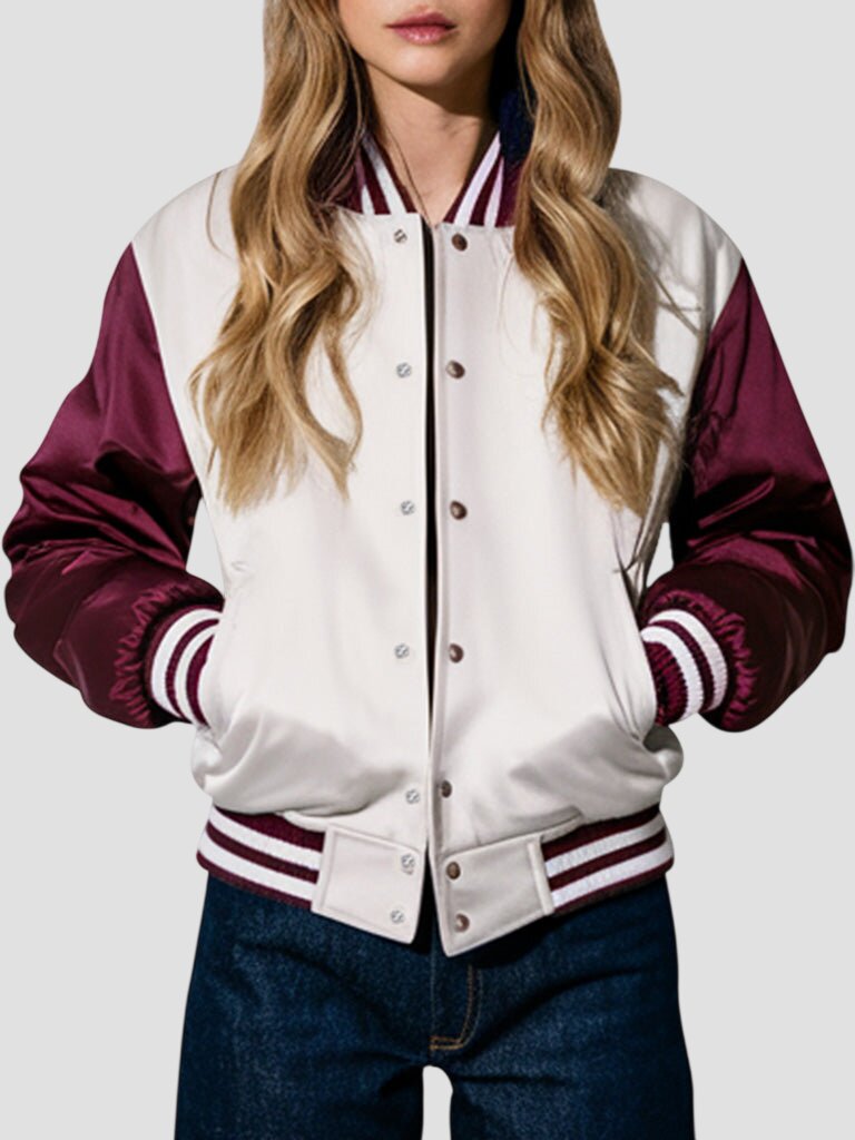 Women White and Burgundy Satin Varsity Jacket