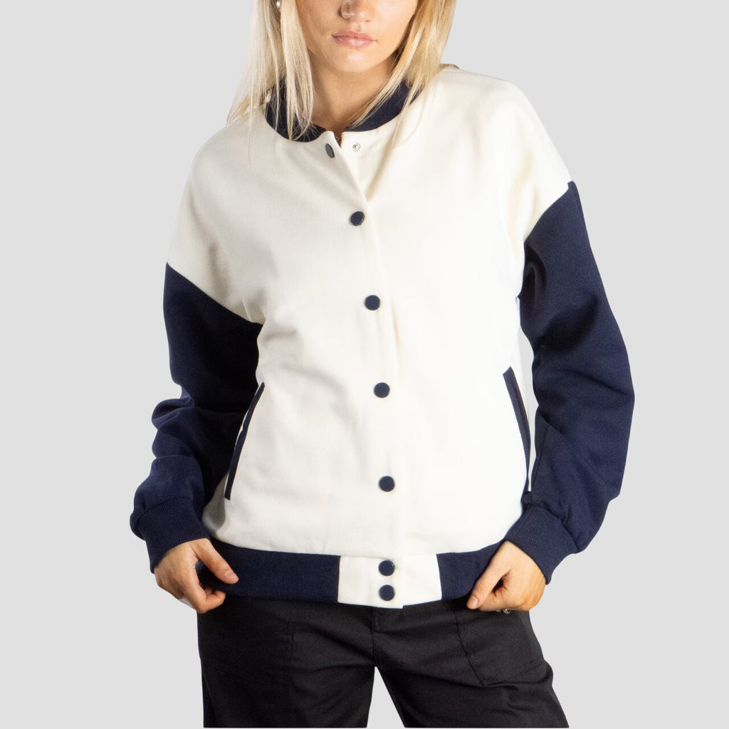 Women White and Navy Blue Varsity Jacket