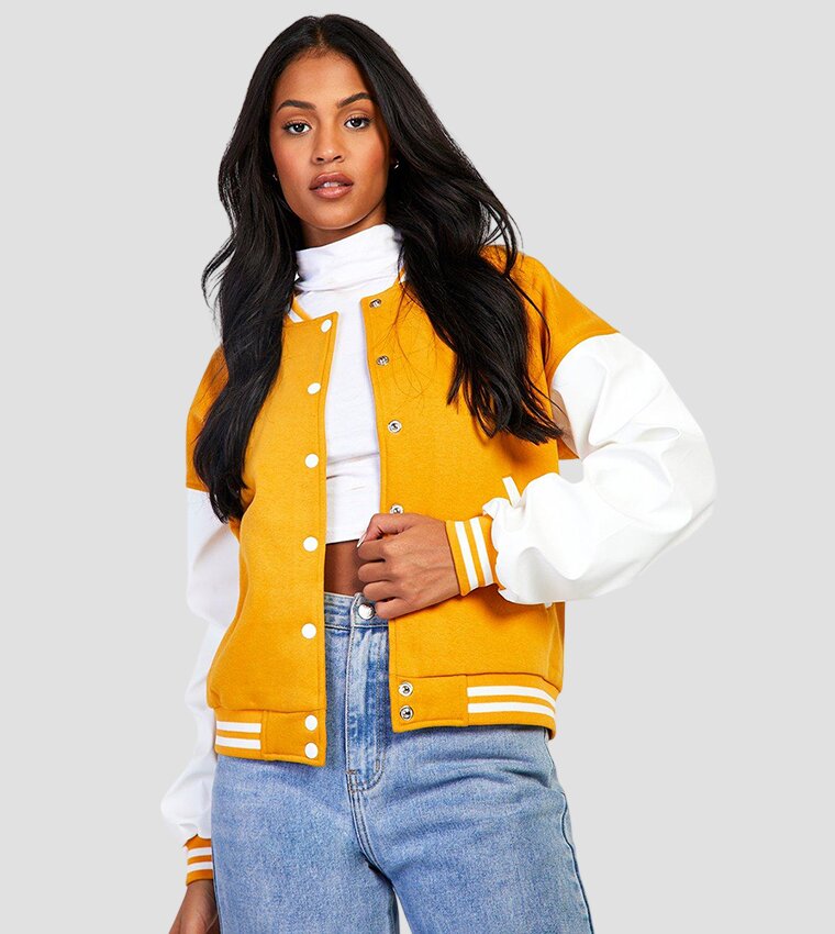 Women Yellow Varsity Jacket with White Leather Sleeves